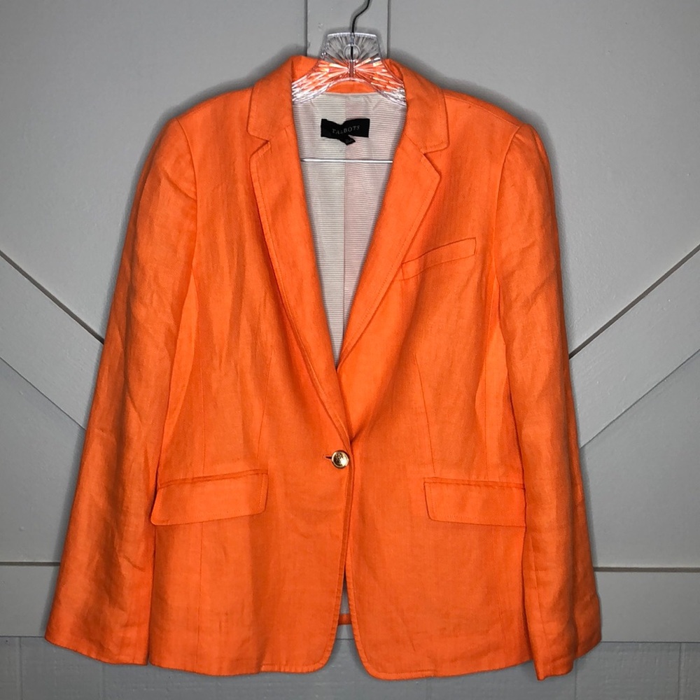 Talbots Blazer Linen Orange Women's 10 Gold Button Pockets Office Career Travel